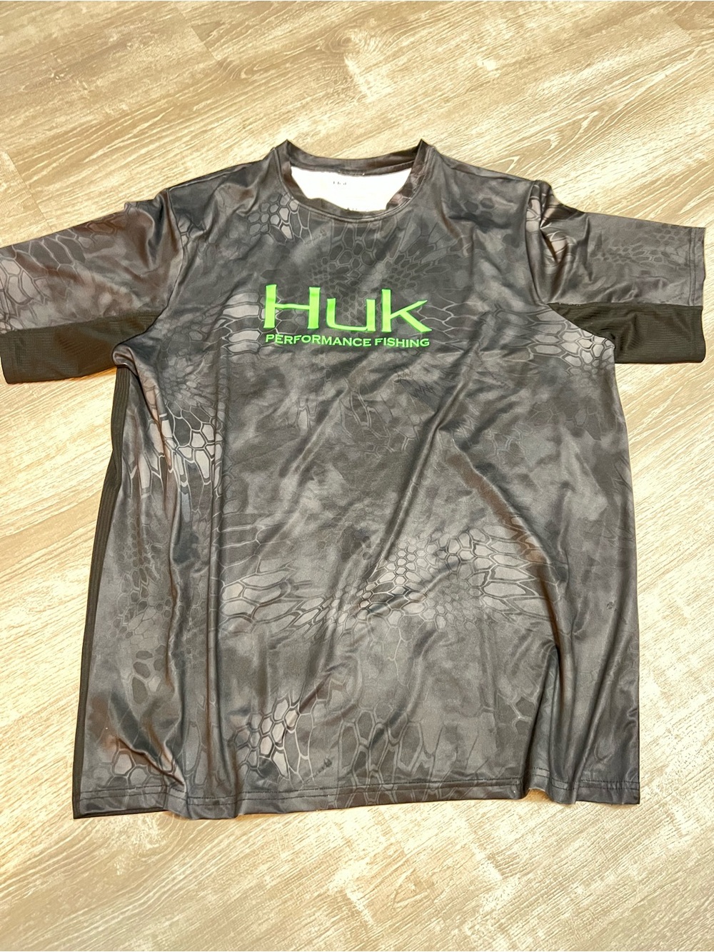 Huk Black Camo Short Sleeve Tee with Neon Green Logo